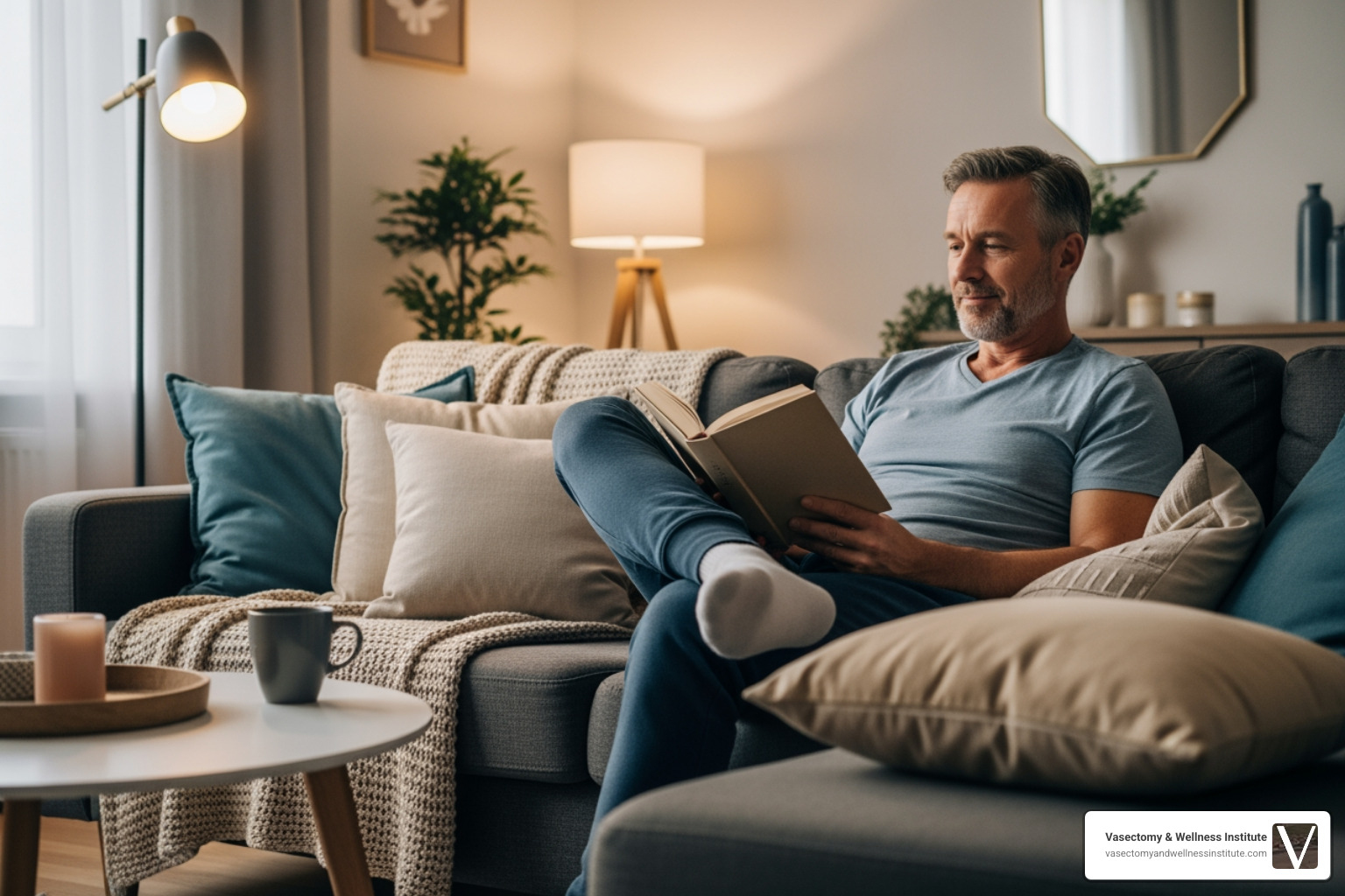 man relaxing on a sofa with a book after a vasectomy procedure